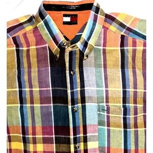 Tommy Hilfiger Mens Multicolor Madras Short Sleeve Button Down Shirt Size XL